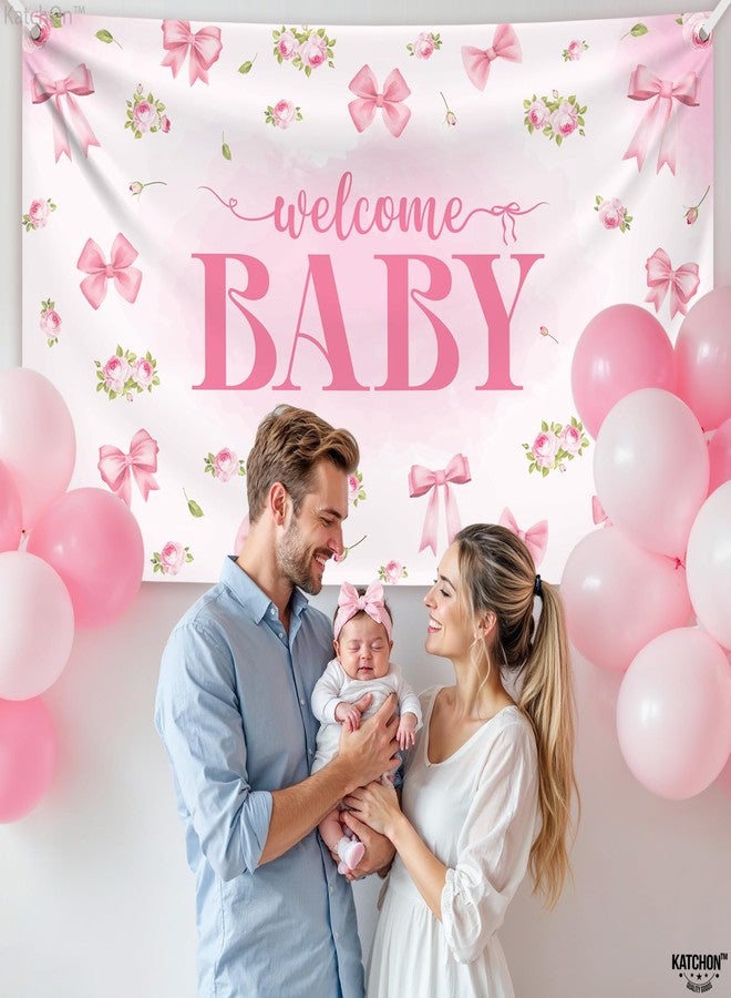 كاتشون خلفية ترحيب بالمولودة من كاتش أون، كبيرة جدًا - 72 × 44 بوصة، لون وردي | لافتة ترحيب بالمولودة الجديدة لحفلات استقبال المولودة الجديدة وحفلات الكشف عن جنس المولود - Image 4