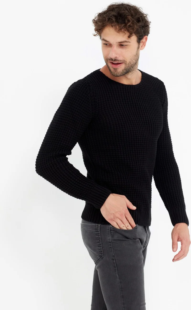 كوول تارز Cool Style Men's Black Thick Honeycomb Knitted Sweater -TARZCM7804R06