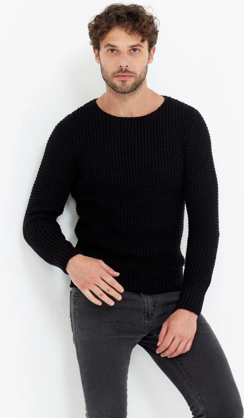 كوول تارز Cool Style Men's Black Thick Honeycomb Knitted Sweater -TARZCM7804R06