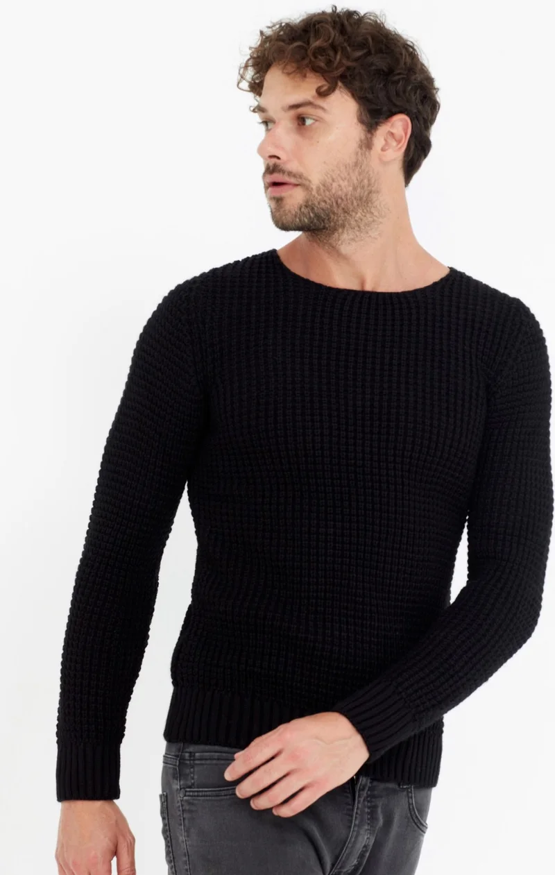 كوول تارز Cool Style Men's Black Thick Honeycomb Knitted Sweater -TARZCM7804R06
