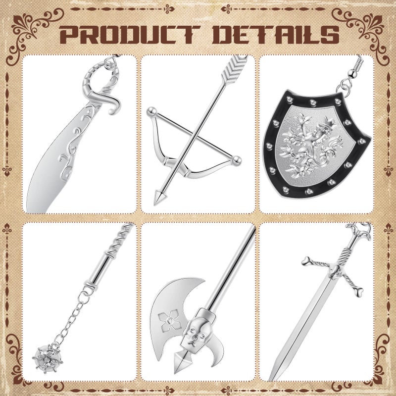 Fabbay 6 Pairs Christmas Gothic Earrings Medieval Jewelry Renaissance Dangle Sword Vampire Skull Axe Earrings for Women Party - Image 4