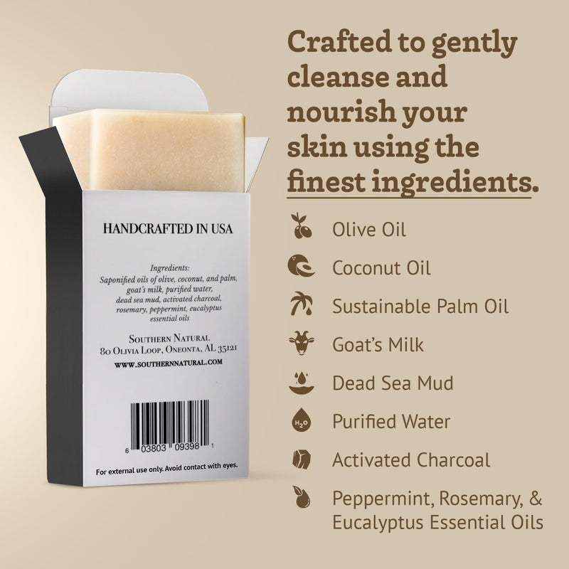 Southern Natural Handmade Activated Charcoal Soap Bar for Face & Body - Perfect for Sensitive Skin & Dry Skin Relief â€“ With Dead Sea Mud, Goat Milk & Peppermint Essential Oil â€“ 2 Pack, 4.5 oz - Image 4