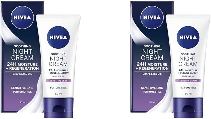 NIVEA Sensitive Night Cream 50 ml Face Cream for Sensitive Skin with Liquorice Extract and Grape Seed Oil Regenerating Skin Care Pack of 2