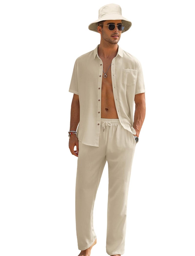EISHOPEER Mens Linen Yoga Outfits Casual Button Down Shirts with Hats and Loose Pants All Light Khaki Outfits for Men Medium - Image 2