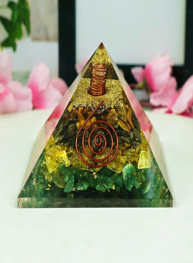 Crystu Wealth Pyrite Citrine Green Aventurine Tiger Eye Orgone Orgonite Pyramid Crystal Stone for Reiki Healing 70 mm - Image 3