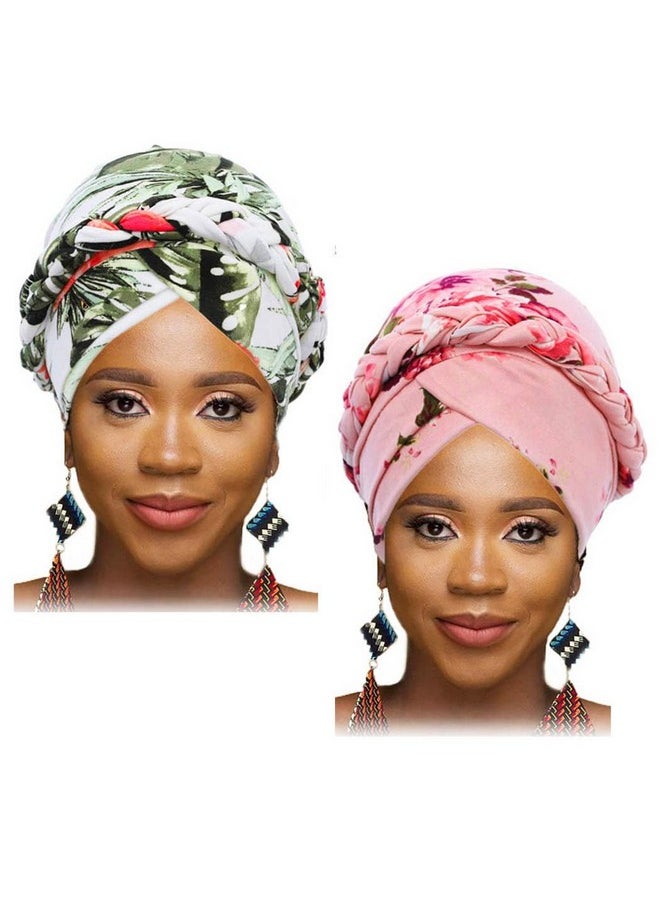 Woeoe - African Turban Head Wrap Pink Pattern Head Scarf Soft Flower Print Head Cover Cap Headwear For Women And Girls(Pack Of 2) - Image 1