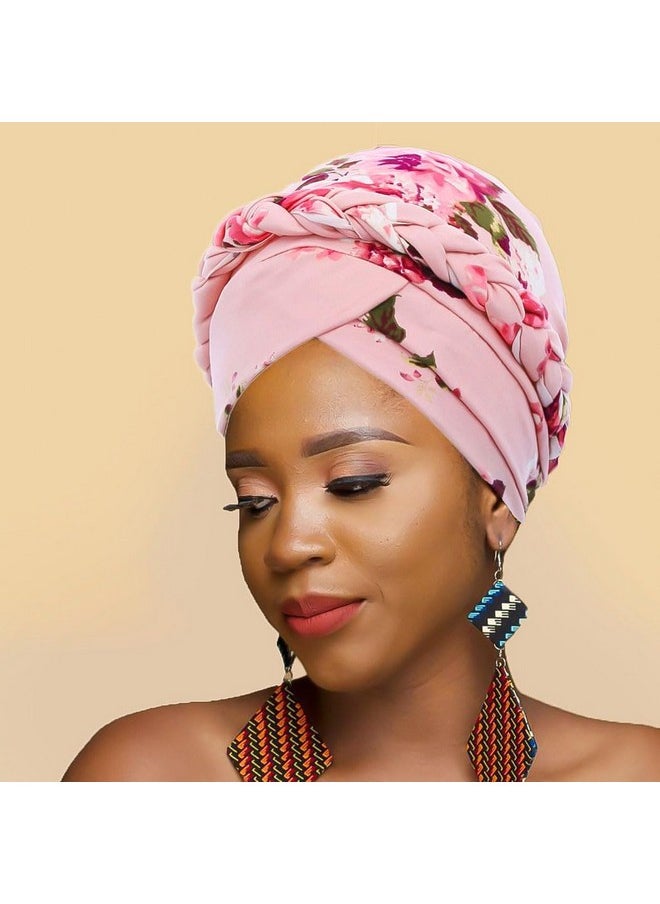 Woeoe - African Turban Head Wrap Pink Pattern Head Scarf Soft Flower Print Head Cover Cap Headwear For Women And Girls(Pack Of 2) - Image 1