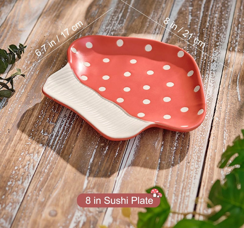 RESVUGA Mushroom Snack Plate, 8 in Polka Dot Safety Ceramic Dessert Appetizer Plates, Cute Sushi Dinner Plates, Pasta & More. - Image 3