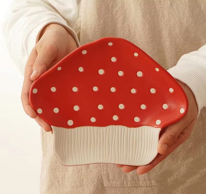 RESVUGA Mushroom Snack Plate, 8 in Polka Dot Safety Ceramic Dessert Appetizer Plates, Cute Sushi Dinner Plates, Pasta & More. - Image 4