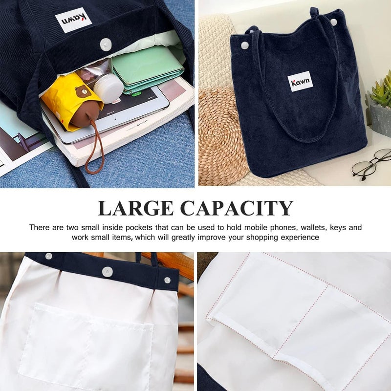 Kawn ® Women Corduroy Tote Bag Canvas Shoulder Purse Reusable Shopping Bag Grocery Bag Large Capacity Washable Handbag Girls Shoulder Bag with Inner Pocket For Daily Use Work Travel - Image 2