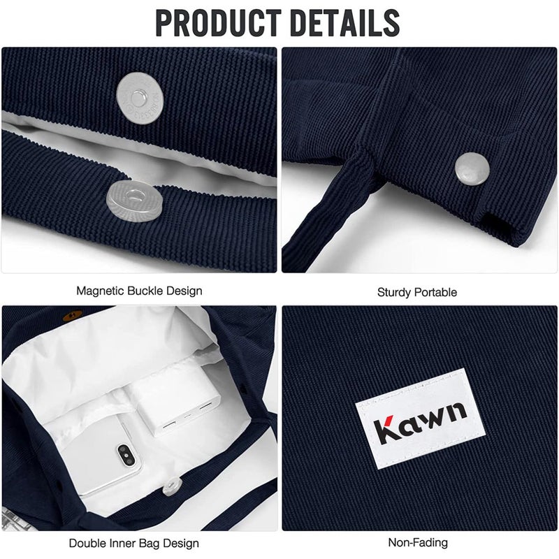 Kawn ® Women Corduroy Tote Bag Canvas Shoulder Purse Reusable Shopping Bag Grocery Bag Large Capacity Washable Handbag Girls Shoulder Bag with Inner Pocket For Daily Use Work Travel - Image 3