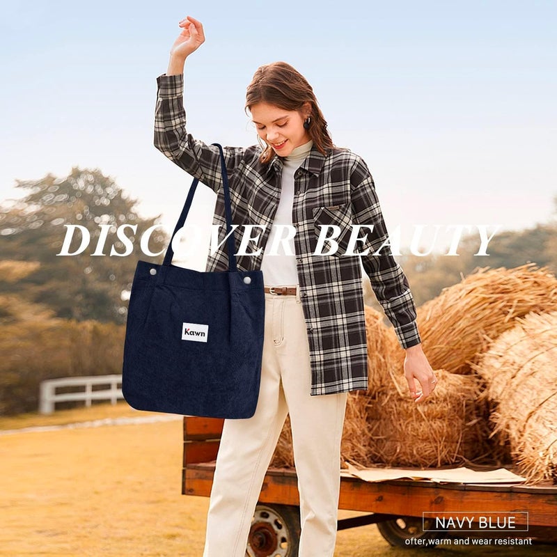 Kawn ® Women Corduroy Tote Bag Canvas Shoulder Purse Reusable Shopping Bag Grocery Bag Large Capacity Washable Handbag Girls Shoulder Bag with Inner Pocket For Daily Use Work Travel - Image 5