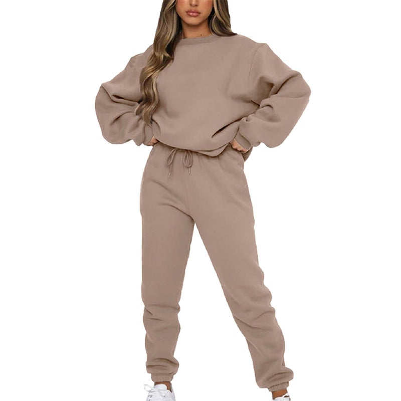 amropi Women's Pullover Tracksuit Fleece Sweatshirt Jogging Pants 2 Pieces Sweatsuits Brown, XXL - Image 1