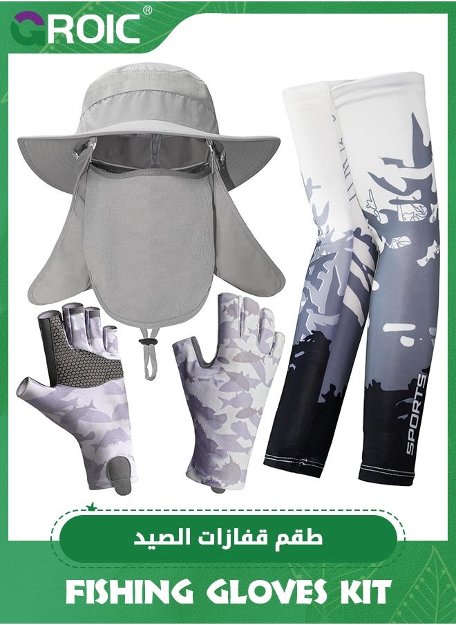 GROIC 3Pcs Fishing Gloves Kit for Men and Women Fishing Hat Wide Brim Sun Hat with Removable Mesh Face Cover and Neck Flap Breathable Sun Sleeves Cool Arm Sleeves for Fishing Hiking Kayaking Camping  - Image 1