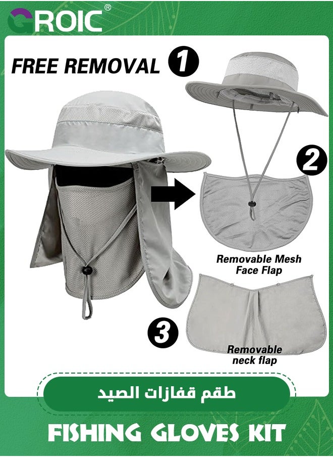 GROIC 3Pcs Fishing Gloves Kit for Men and Women Fishing Hat Wide Brim Sun Hat with Removable Mesh Face Cover and Neck Flap Breathable Sun Sleeves Cool Arm Sleeves for Fishing Hiking Kayaking Camping  - Image 4