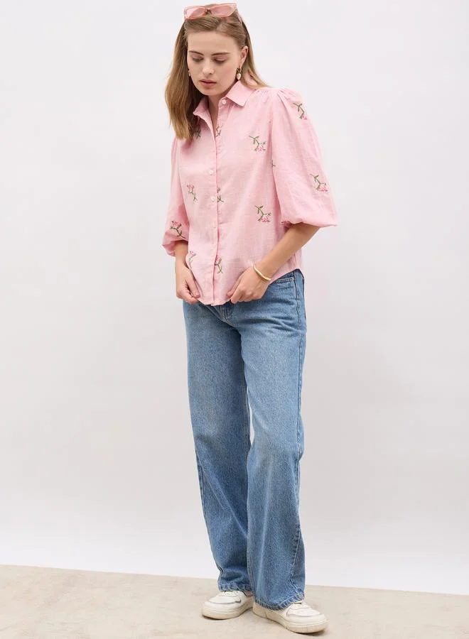 Styli Styli Embroidered Balloon Sleeve Spread Collar Shirt
