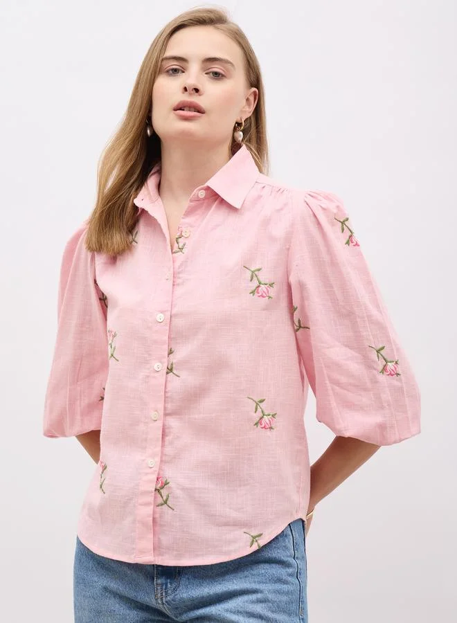Styli Styli Embroidered Balloon Sleeve Spread Collar Shirt