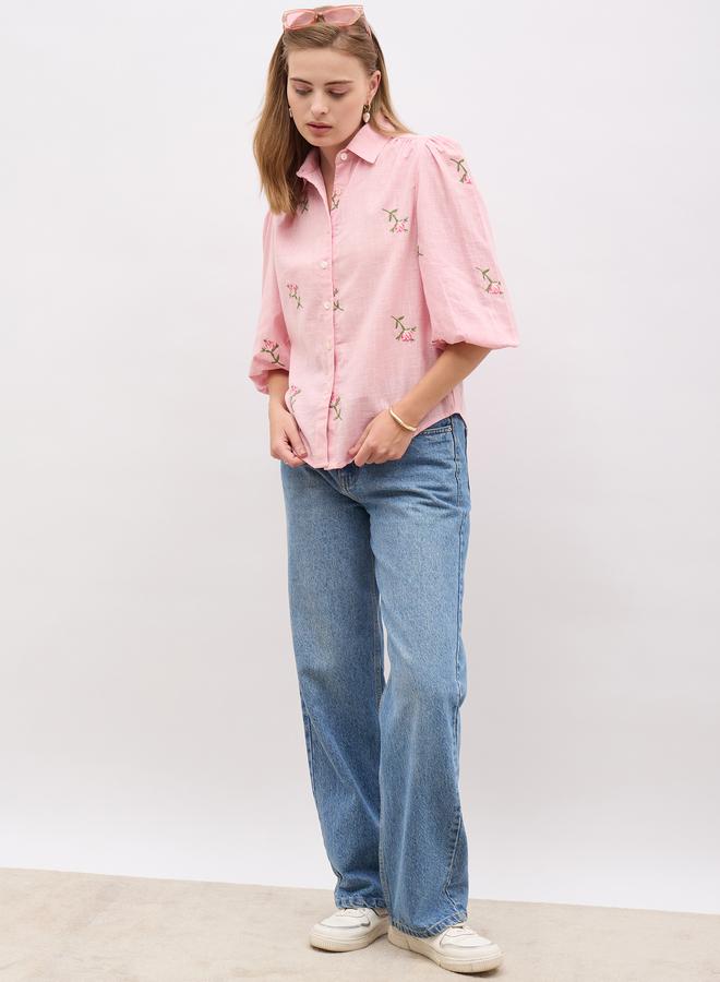 Styli Embroidered Balloon Sleeve Spread Collar Shirt - Image 2