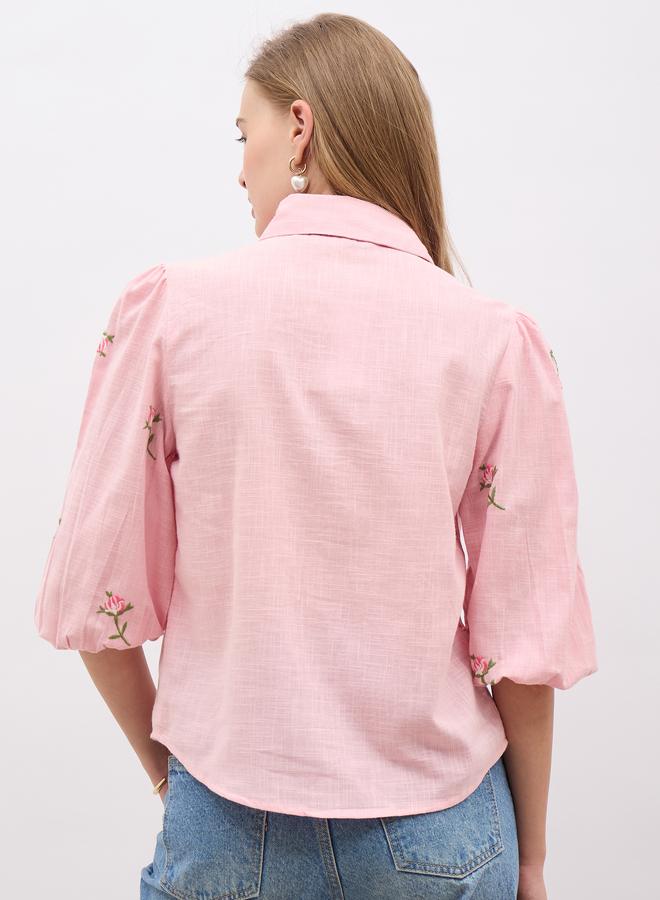 Styli Embroidered Balloon Sleeve Spread Collar Shirt - Image 5