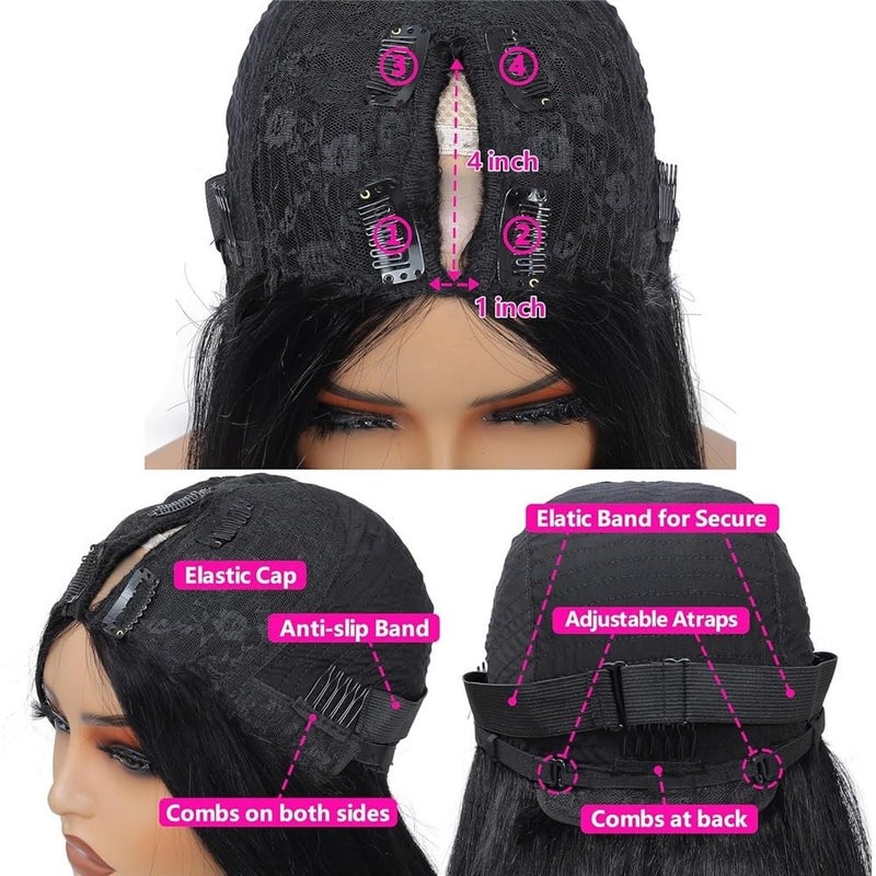 Straight V/U Part Wig for Black Women Glueless Full Head Clip In Hair Extensions Wigs Natural soft 150 Density for Women with Thinning Hair(Black-U-Part) - Image 2