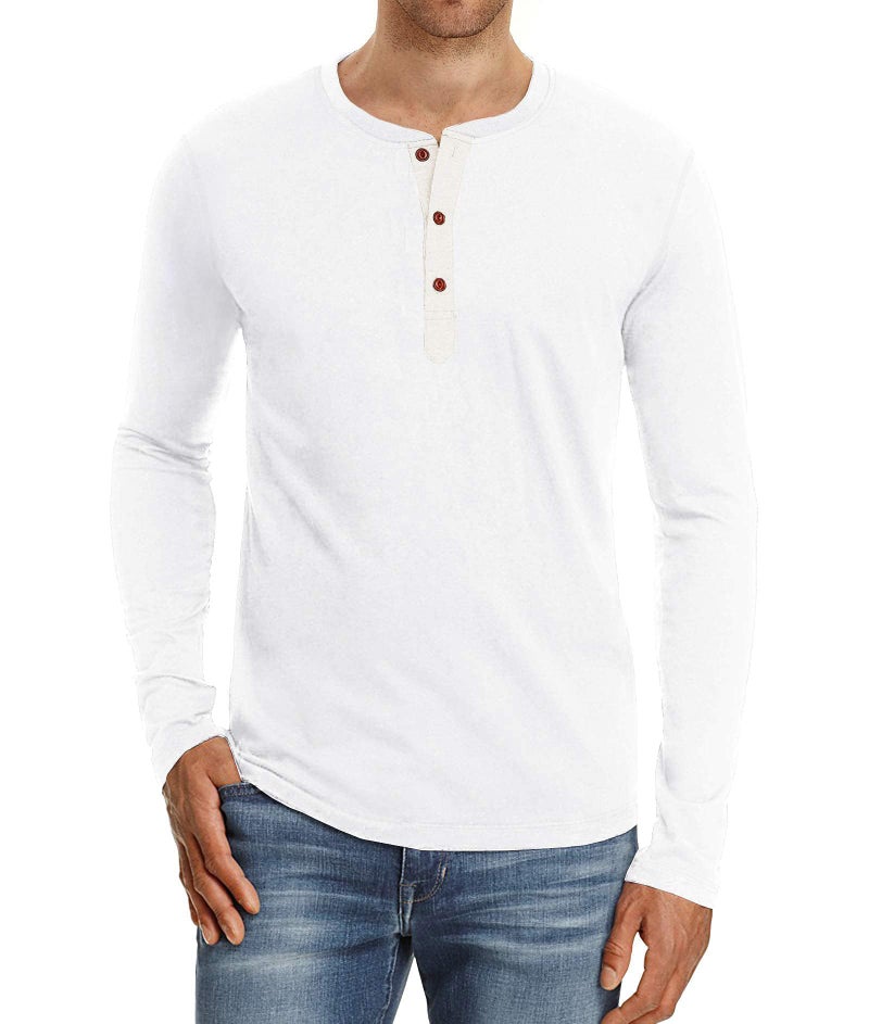 PEGENO Men's Casual Slim Fit Long Sleeve Henley T-Shirts Cotton Shirts (US Large, A4 White) - Image 1