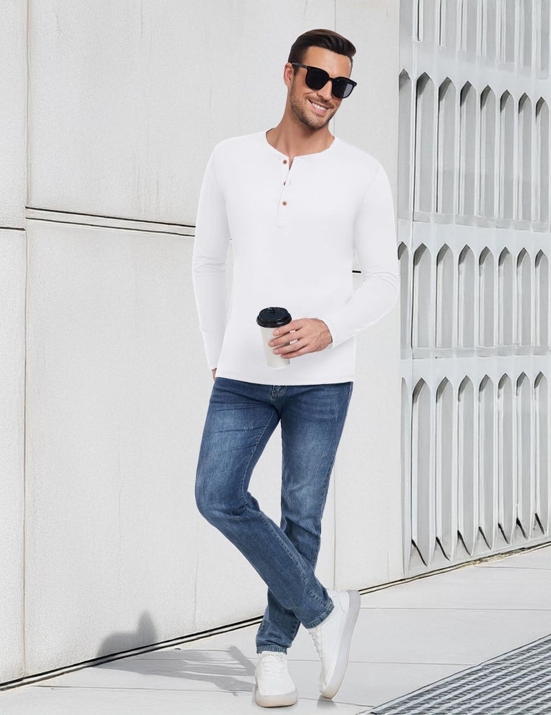 PEGENO Men's Casual Slim Fit Long Sleeve Henley T-Shirts Cotton Shirts (US Large, A4 White) - Image 5