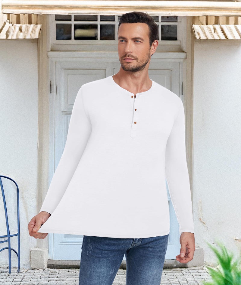 PEGENO Men's Casual Slim Fit Long Sleeve Henley T-Shirts Cotton Shirts (US Large, A4 White) - Image 4