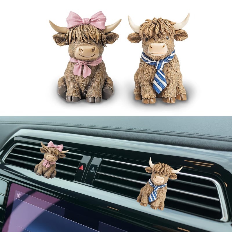 GENANY 3D 2pcs Resin Highland Cow Car Air Freshener Vent Clips, Farmhouse Auto Fresheners, Farm Air Freshener, Cute Gifts for Women and Men, Cool Spring Gifts For Horror Fans - Image 1