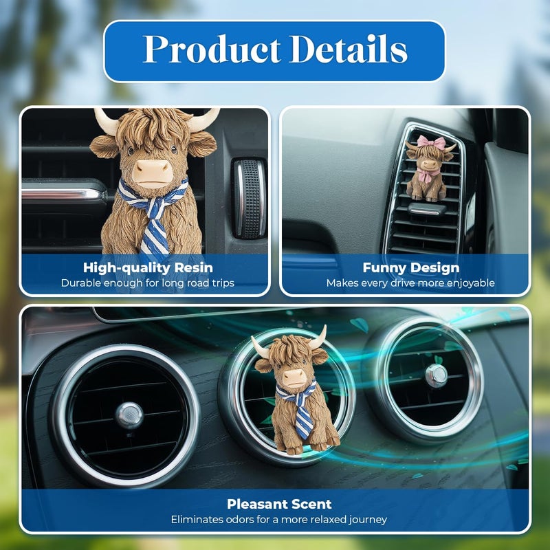 GENANY 3D 2pcs Resin Highland Cow Car Air Freshener Vent Clips, Farmhouse Auto Fresheners, Farm Air Freshener, Cute Gifts for Women and Men, Cool Spring Gifts For Horror Fans - Image 4