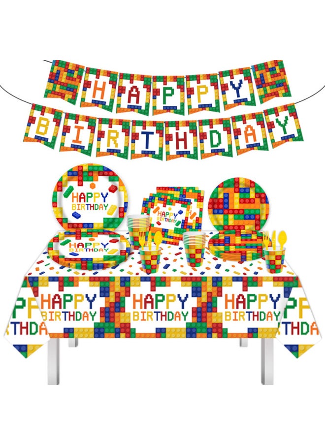 Generic - Lego Block Theme Children's Birthday Party Tableware Disposable Dinner Plate 9 Inch 7 Inch Paper Plate Paper Towel Tablecloth-Color:Spoon-Specifications:24 Persons - Image 1