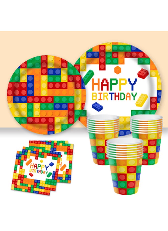 Generic - Lego Block Theme Children's Birthday Party Tableware Disposable Dinner Plate 9 Inch 7 Inch Paper Plate Paper Towel Tablecloth-Color:Spoon-Specifications:24 Persons - Image 1