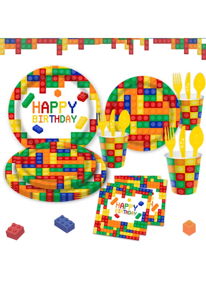Generic - Lego Block Theme Children's Birthday Party Tableware Disposable Dinner Plate 9 Inch 7 Inch Paper Plate Paper Towel Tablecloth-Color:Spoon-Specifications:24 Persons - Image 1