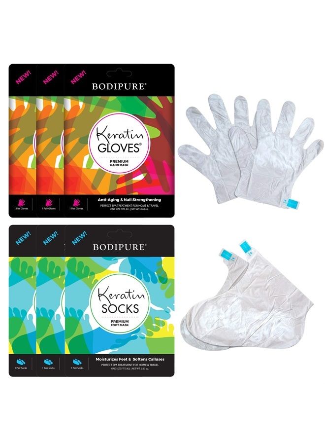 BODIPURE Premium Keratin Gloves and Socks for Hydrating Dull Dry Hands and Cracked Heels – Callus Softening – Nail Strengthening – Skin Brightening and Nourishing – 3 Pairs ea. (3+3 Pack) - Image 1
