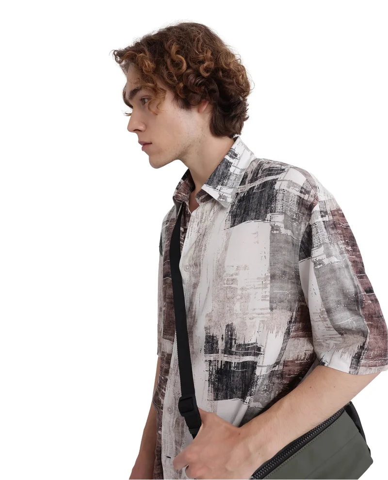Rare Rabbit Rare Rabbit Men's Azah Dusky Beige Viscose Fabric Short Sleeve Button Closure Abstract Printed Shirt