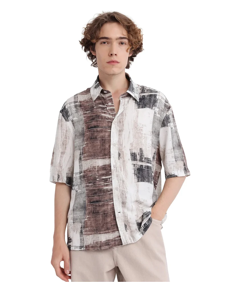 Rare Rabbit Rare Rabbit Men's Azah Dusky Beige Viscose Fabric Short Sleeve Button Closure Abstract Printed Shirt