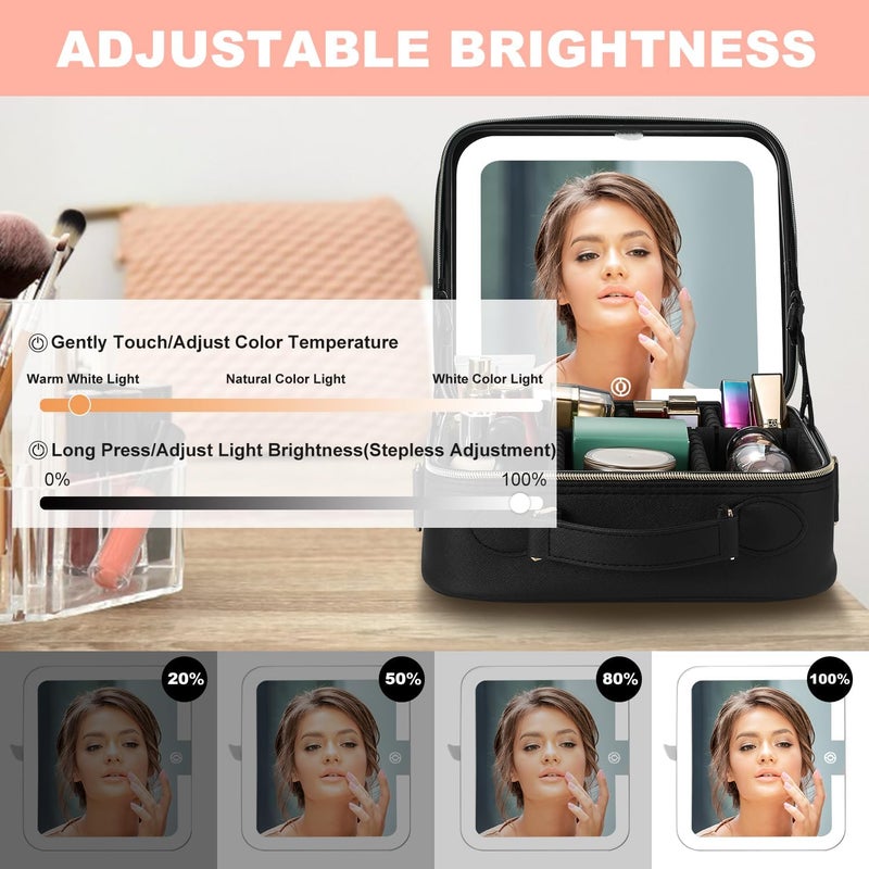 Mocado Travel Makeup Bag with LED Lighted Mirror,Travel Makeup Organizer,Makeup Case with 3 Color Lighted Setting and 10x Magnifying Mirror,Portable Storage and Adjustable Dividers Makeup Box(Black) - Image 3