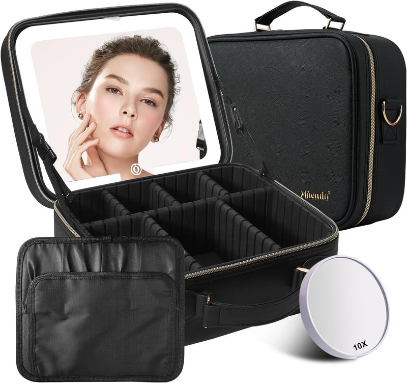 Mocado Travel Makeup Bag with LED Lighted Mirror,Travel Makeup Organizer,Makeup Case with 3 Color Lighted Setting and 10x Magnifying Mirror,Portable Storage and Adjustable Dividers Makeup Box(Black) - Image 1