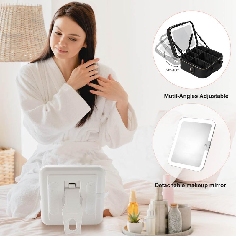 Mocado Travel Makeup Bag with LED Lighted Mirror,Travel Makeup Organizer,Makeup Case with 3 Color Lighted Setting and 10x Magnifying Mirror,Portable Storage and Adjustable Dividers Makeup Box(Black) - Image 5