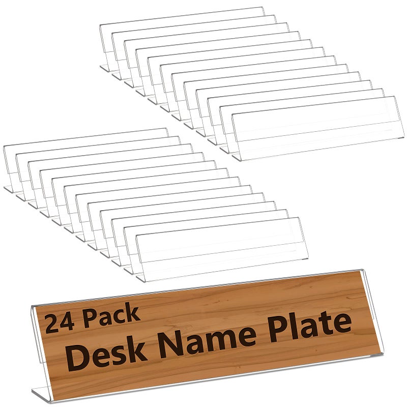 Yalikop Yalikop 24 Pieces Acrylic Name Plates for Desks Bulk 2 x 8 Inches Clear Slant Back Sign Holder Stand License Name Label Holder for Office Conference Business Meeting Table Display