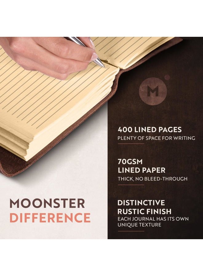 Moonster Leather Journal Lined Notebook Paper - ® Leather Bound Journals for Writing for Women & Men, 18x13cm Ruled Small Notebooks, Kraft Paper with 400 pages, Lined Paper College Ruled & Travel Size - Image 3