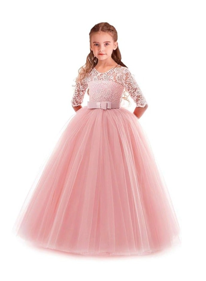 Girls Floral Vintage Floral Lace 3/4 Sleeve Floor Length Dress Wedding Party Evening Formal Pegeant Prom White Dress - Image 1