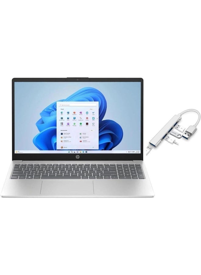 HP 15.6 FHD Laptop | AMD Ryzen 5 7520U(Beat i5-1155G7)| AMD Radeon Graphics | Webcam | WiFi | Copilot | Silver | 8GB RAM DDR5 | 512GB SSD |Windows 11 Home |Bundle with USB 3.0 Hub English Natural Silver - Image 1