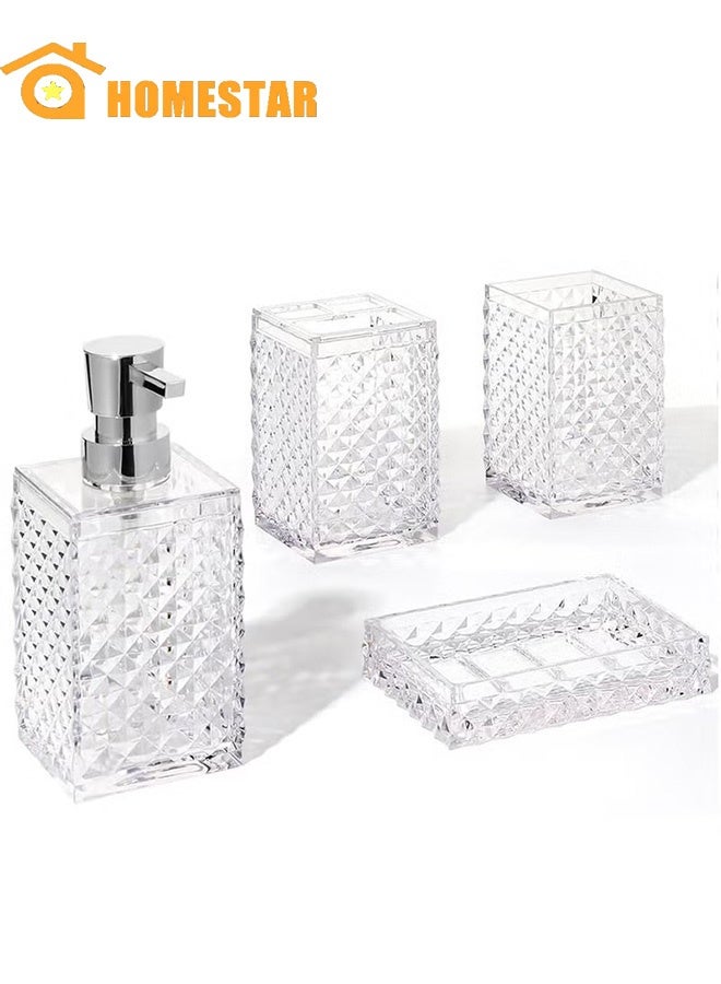 هومستر 4 أجهزة كمبيوتر شخصية مجموعة ملحقات الحمام, مربع البلاستيك الماس مجموعات الحمام مع حامل فرشاة الأسنان, كأس فرشاة الأسنان, صابون / لوشن موزع, بوهيميا ديكور الحمام الحديث, أبيض - Image 1