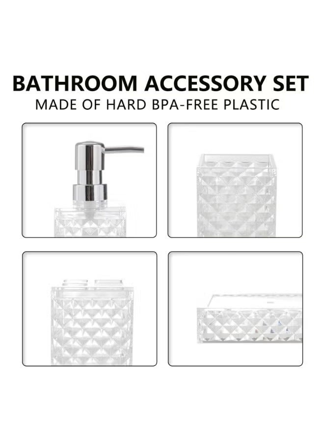 هومستر 4 أجهزة كمبيوتر شخصية مجموعة ملحقات الحمام, مربع البلاستيك الماس مجموعات الحمام مع حامل فرشاة الأسنان, كأس فرشاة الأسنان, صابون / لوشن موزع, بوهيميا ديكور الحمام الحديث, أبيض - Image 3