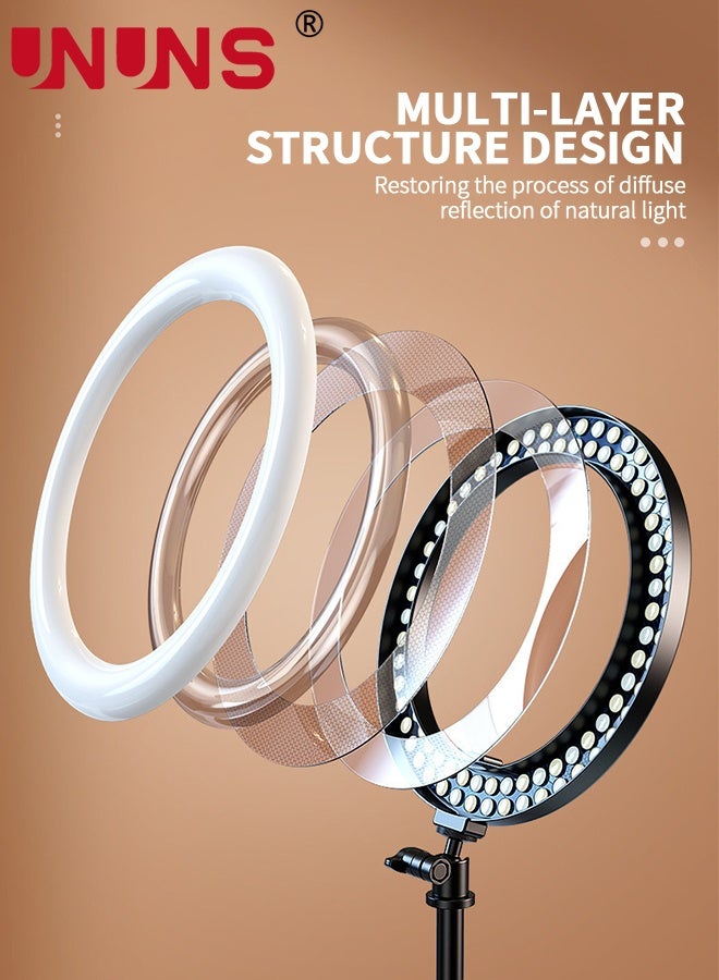 UNUNS ضوء سيلفي دائري مع حامل واثنين من حوامل الهاتف، حامل كاميرا علوي مع أضواء دائرية 26 سم للهاتف، ضوء دائري مع حامل مكتب قابل للتعديل لذراع التصوير لتسجيل الفيديو، البث المباشر، اللابتوب - Image 4