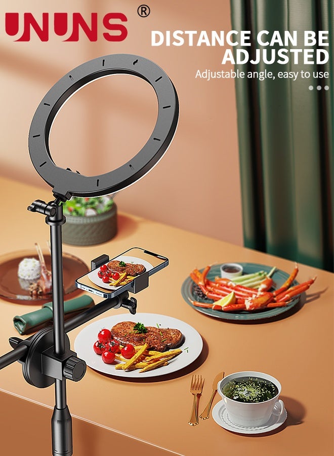 UNUNS ضوء سيلفي دائري مع حامل واثنين من حوامل الهاتف، حامل كاميرا علوي مع أضواء دائرية 26 سم للهاتف، ضوء دائري مع حامل مكتب قابل للتعديل لذراع التصوير لتسجيل الفيديو، البث المباشر، اللابتوب - Image 3