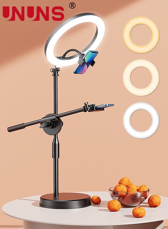 UNUNS ضوء سيلفي دائري مع حامل واثنين من حوامل الهاتف، حامل كاميرا علوي مع أضواء دائرية 26 سم للهاتف، ضوء دائري مع حامل مكتب قابل للتعديل لذراع التصوير لتسجيل الفيديو، البث المباشر، اللابتوب - Image 1