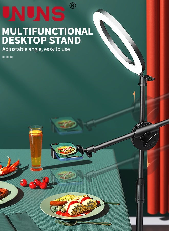 UNUNS ضوء سيلفي دائري مع حامل واثنين من حوامل الهاتف، حامل كاميرا علوي مع أضواء دائرية 26 سم للهاتف، ضوء دائري مع حامل مكتب قابل للتعديل لذراع التصوير لتسجيل الفيديو، البث المباشر، اللابتوب - Image 2