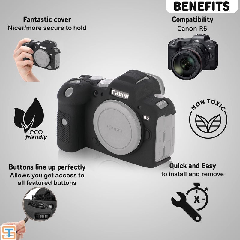 STSEETOP Camera Case for Canon R6 R6II - Silicone Protective DSLR Skin Cover, Detachable Cage, Shockproof, Dustproof (Black) - Image 3