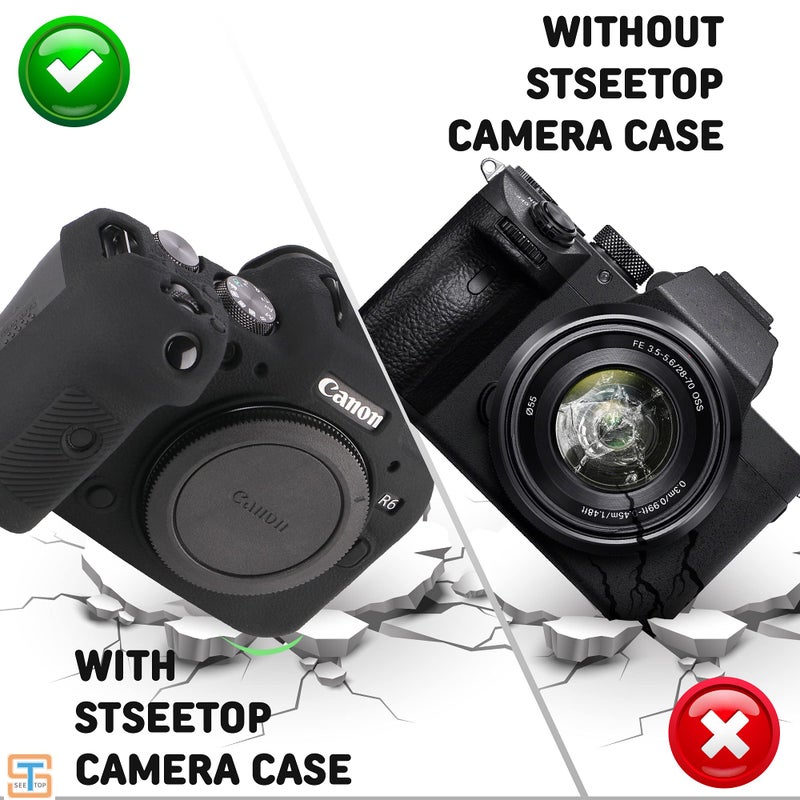 STSEETOP Camera Case for Canon R6 R6II - Silicone Protective DSLR Skin Cover, Detachable Cage, Shockproof, Dustproof (Black) - Image 5
